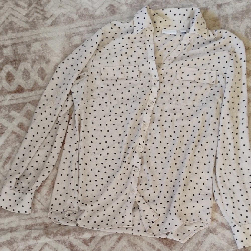 New York & Company Cream and Black Polka Dot Blouse